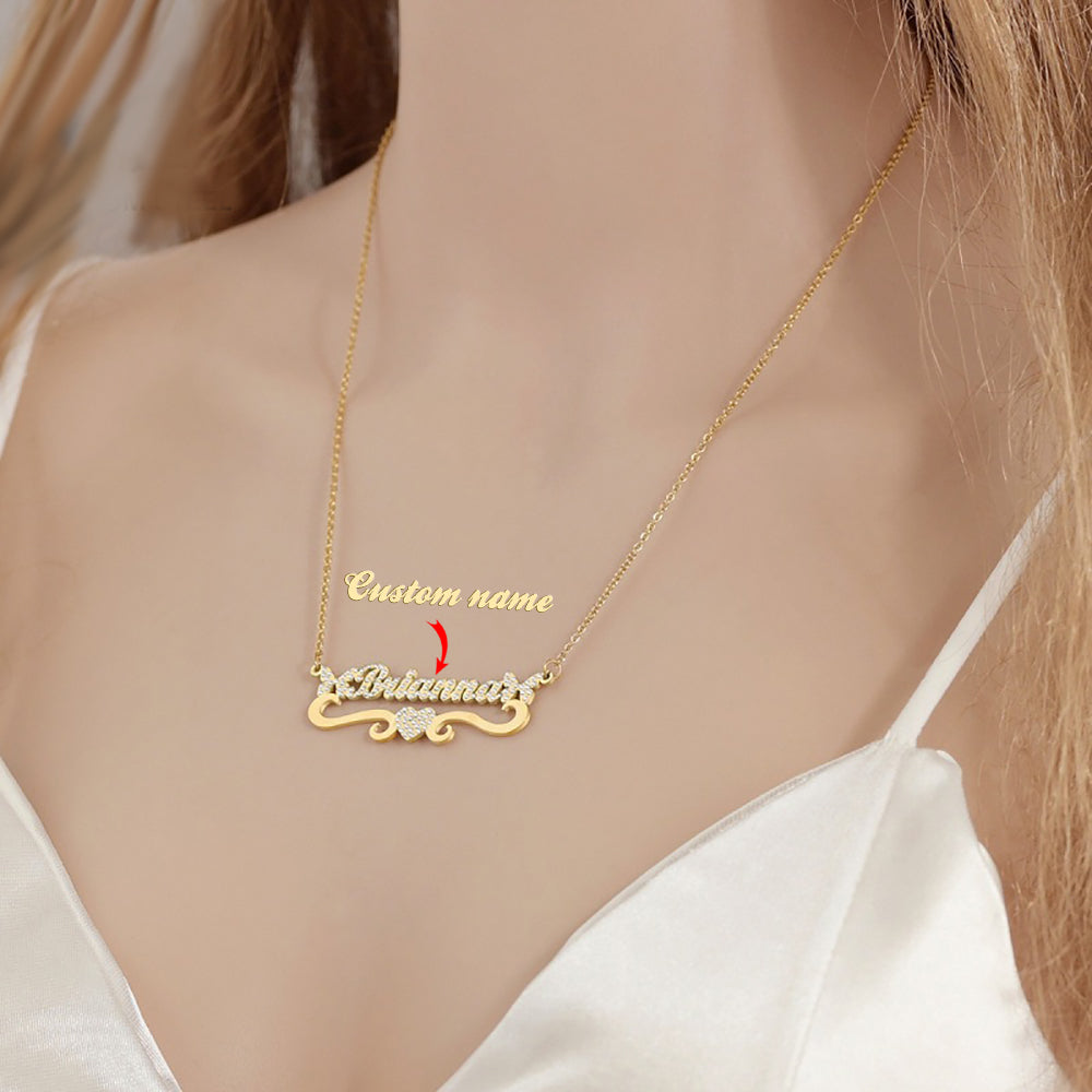 Custom Name Necklace Heart Shape & Butterfly Rhinestone Clavicle Chain